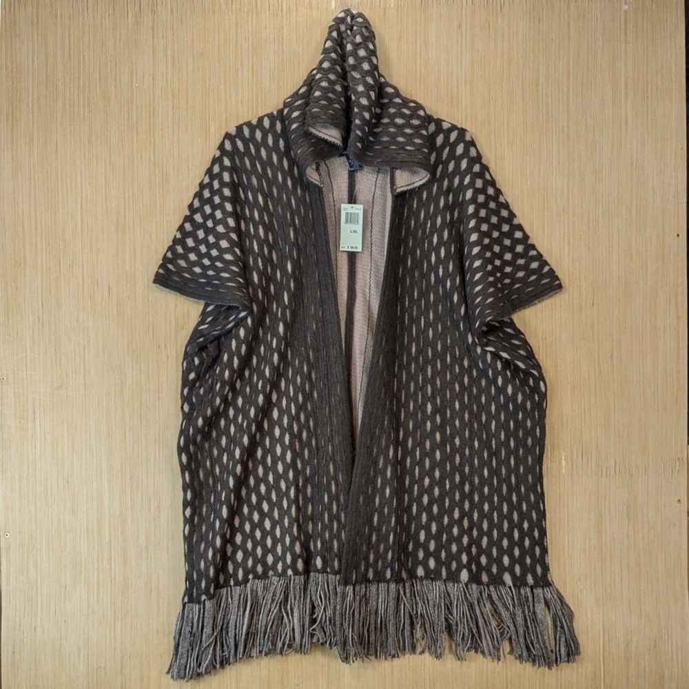 Max Edition Women Boho Granola Brown Taupe Hooded Fringe Poncho Sweater L/XL NWT